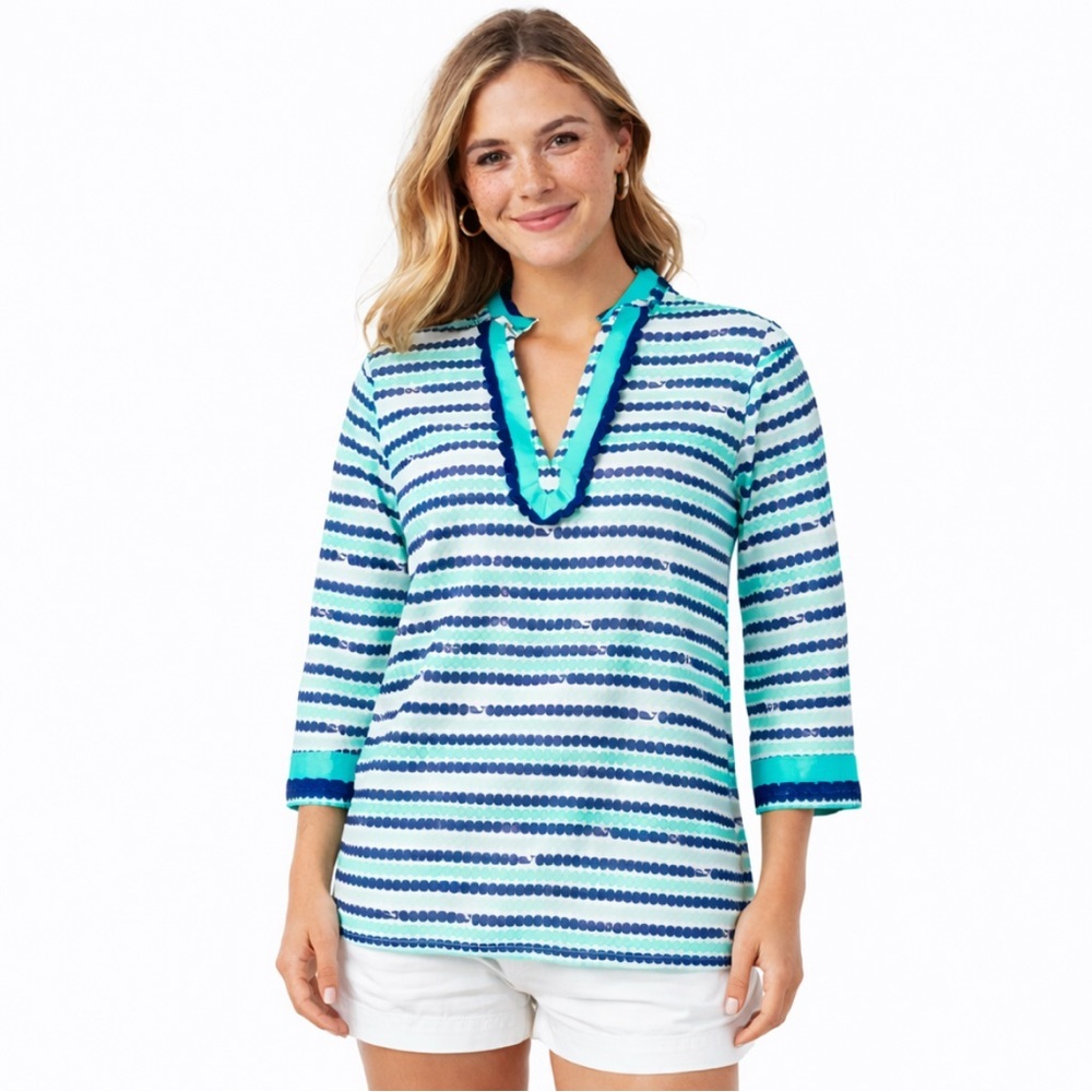 Vineyard Vines Womens Large Green Blue Cotton Voile Whale Polka Dot Print Tunic